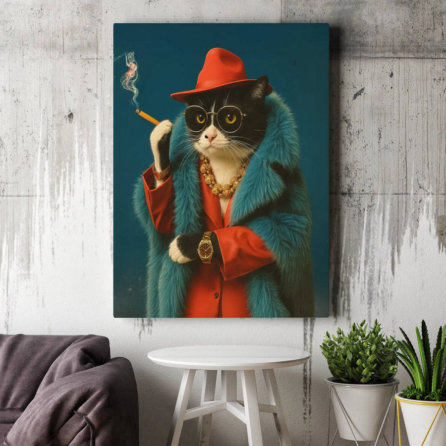 Gangster Cat Wall Art | Sophisticated Feline in Fedora and Fur Coat | Premium Gallery Canvas | Unique Home Office Decor Gift