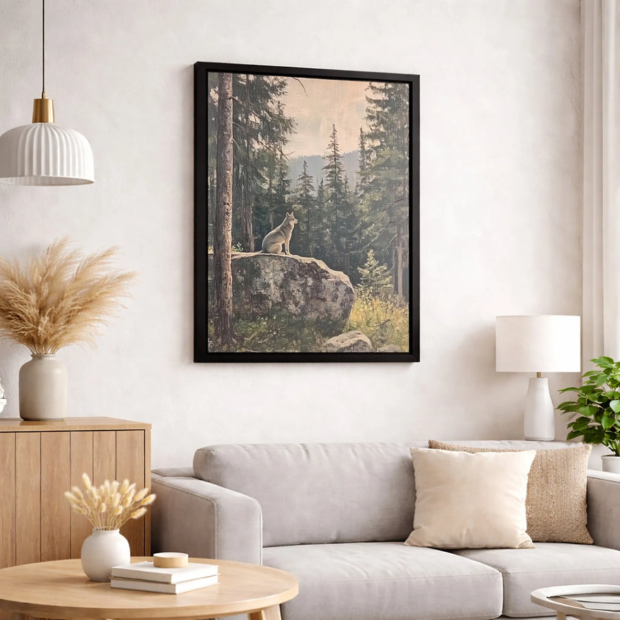 Wolf Wall Art Canvas | Lone Wolf Sitting On Rock Pine Forest Painting | Premium Gallery Wrap Print | Nature Home Decor & Wildlife Lover Gift