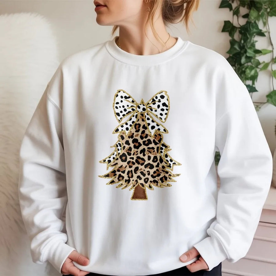 Leopard Print Christmas Tree Sweatshirt | Trendy Holiday Bow Design | Premium Soft Fleece | Cute Women’s Christmas Gift For Holiday Parties