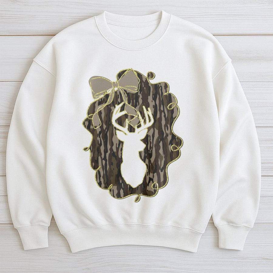 Deer Camo Bow Sweatshirt | Preppy Coquette Aesthetic Graphic | Soft Cotton Blend | Fall Hunting Gift for Her