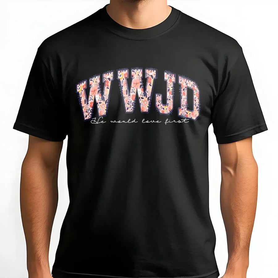 WWJD Christian T-Shirt | Aesthetic Floral Varsity Letters Design | Premium Cotton | What Would Jesus Do Faith Gift for Women
