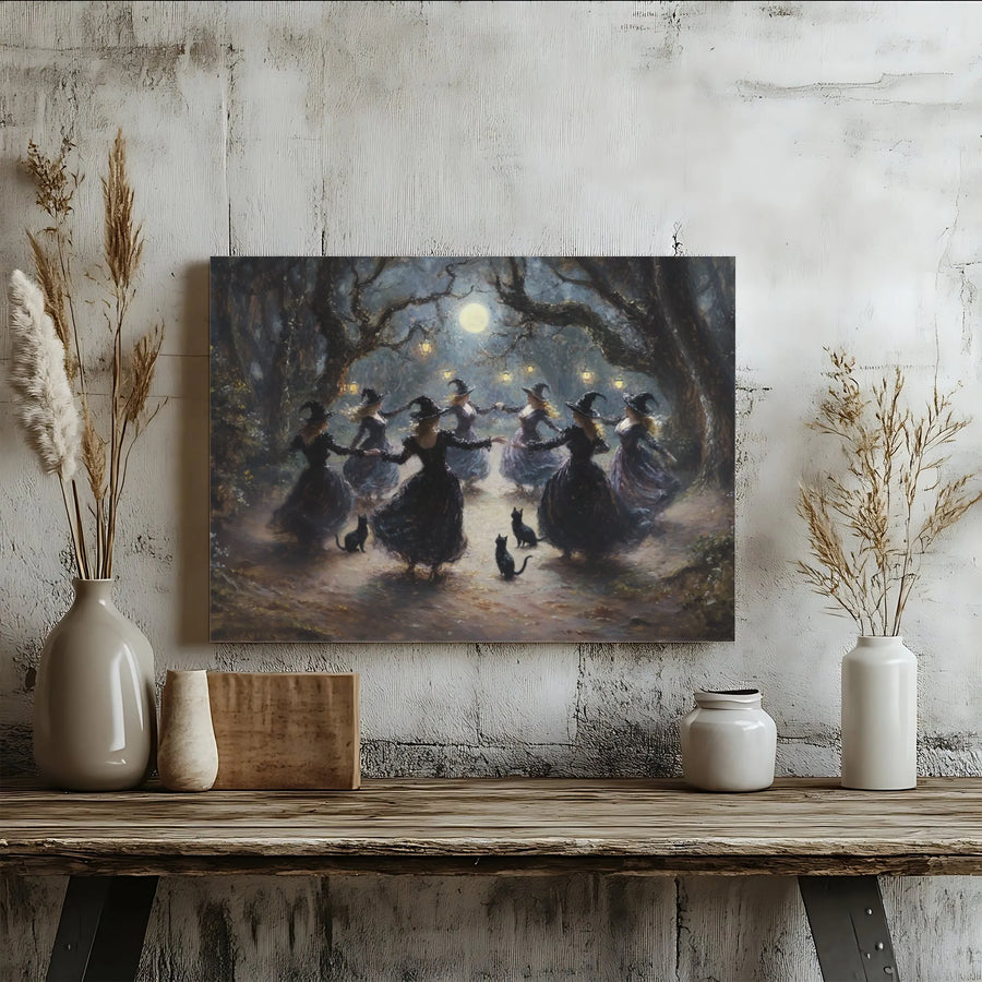 Witches Dancing Canvas Wall Art | Moonlight Forest Witchy Decor | Gallery-Wrapped Premium Print | Spooky Halloween Gift for Her