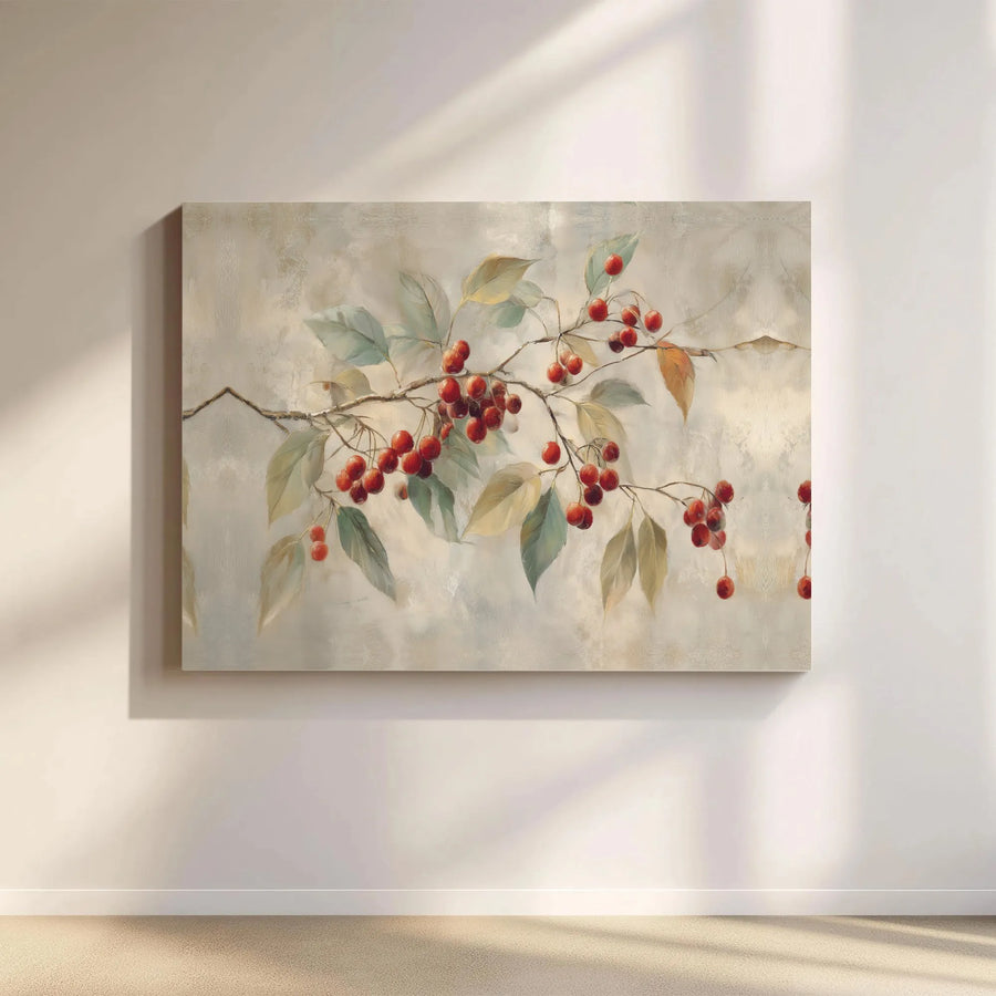 Cherry Branch Canvas Wall Art | Botanical Oil Painting Style Print | Premium Gallery Wrap 1.25" Depth | Elegant Kitchen Dining Home Decor Gift