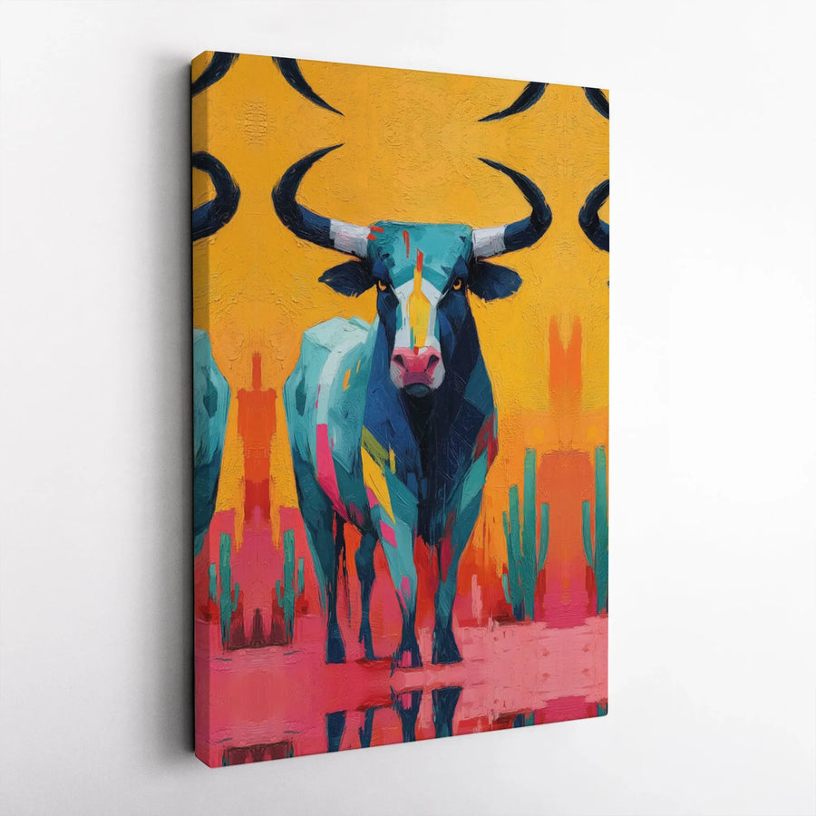 Abstract Bull Canvas Wall Art | Vibrant Desert Landscape Painting | Gallery-Quality Fade-Resistant Print | Southwestern Home Office Decor