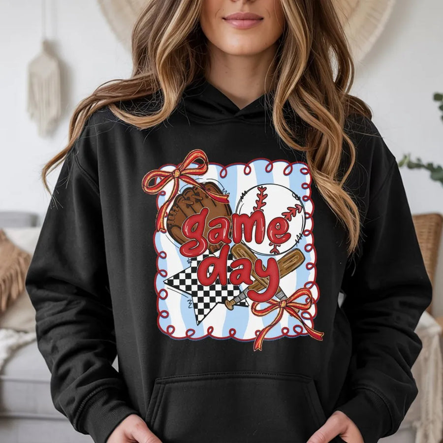 Game Day Baseball Hoodie | Coquette Bow Aesthetic Graphic | Premium Cotton Blend | Baseball Mom Gift for Women and Teens