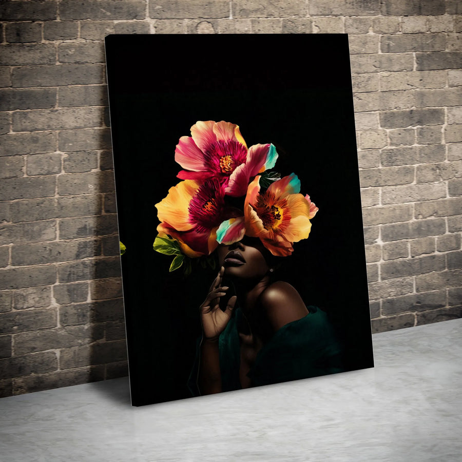 Floral Black Woman Canvas Wall Art | Vibrant Botanical Portrait with Flower Headdress | Premium Thick Gallery Wrap | Modern Afrocentric Home Decor Gift