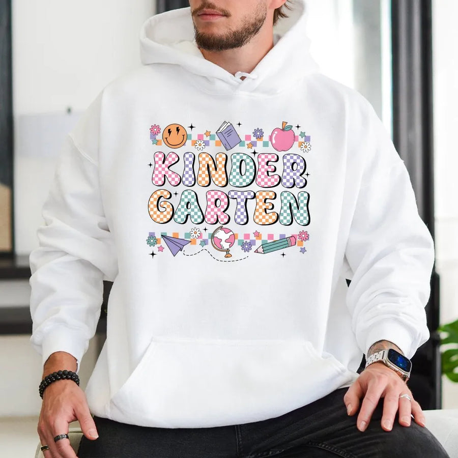 Kindergarten Teacher Shirt | Retro Groovy Back to School Graphic | Premium 100% Cotton Tee | Gift for Elementary Educator