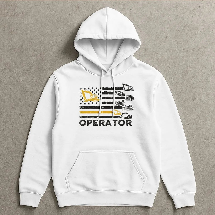 Heavy Equipment Operator Hoodie | Patriotic American Flag Excavator Design | Premium Cotton Blend | Gift for Construction Workers and Operators