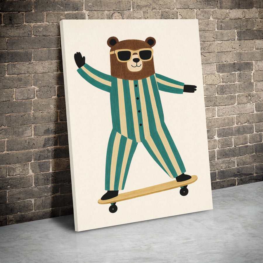 Skateboard Bear Wall Art | Whimsical Animal in Striped Pajamas | Premium Gallery Wrapped Canvas | Nursery Decor or Quirky Office Gift