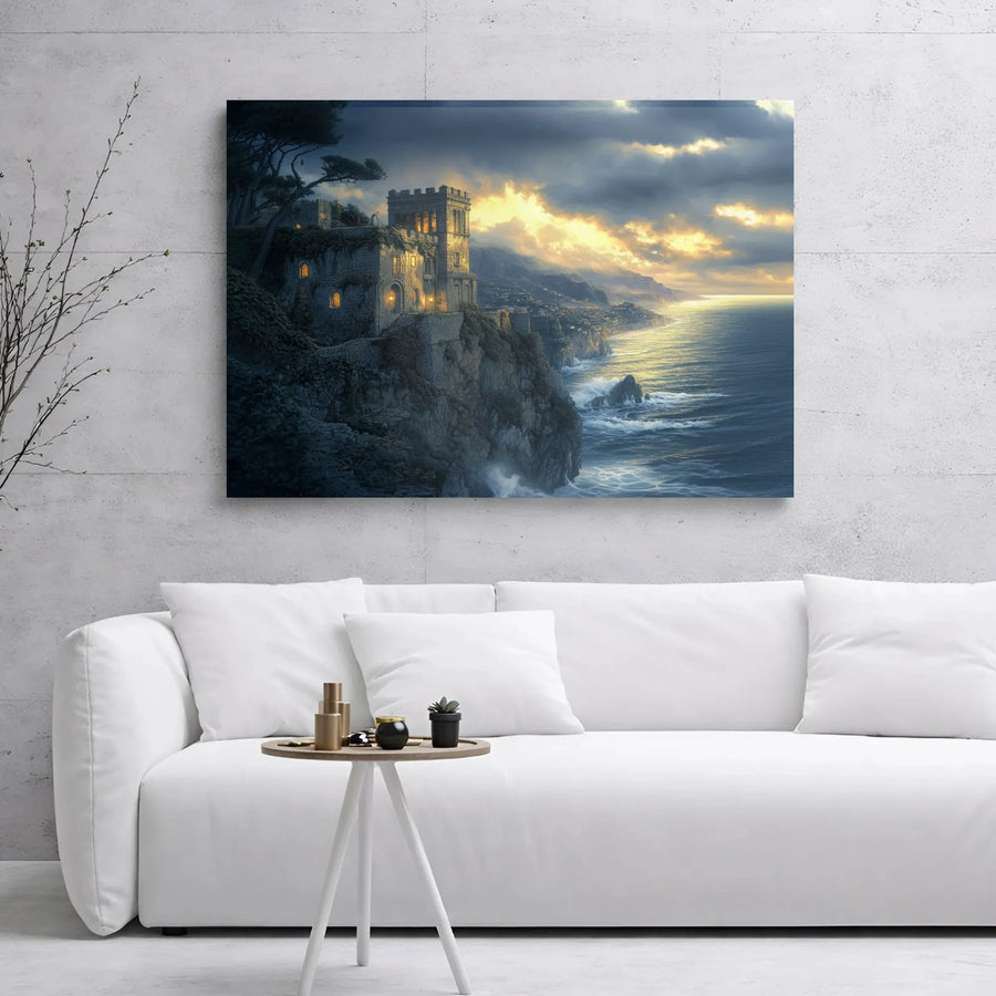 Castle on Cliff Canvas Wall Art | Moody Coastal Sunset Landscape | Gallery Wrap Premium Print | Dreamy Home Decor Gift
