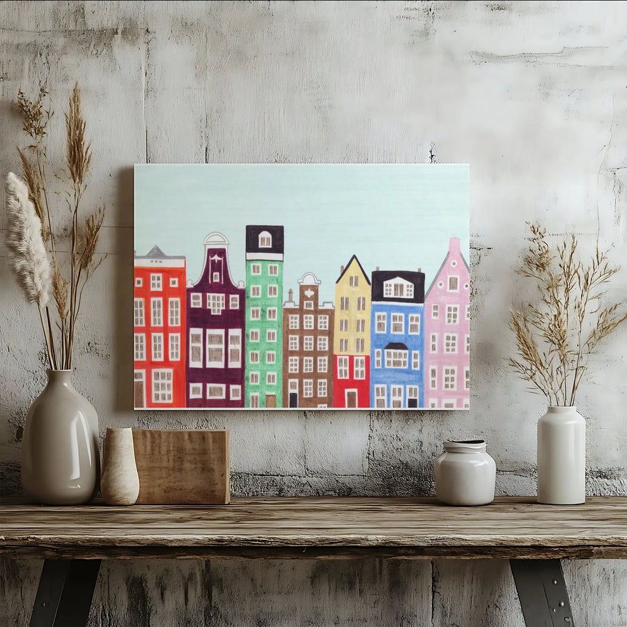 Amsterdam Canvas Wall Art | Colorful Dutch Canal Houses Sketch | Premium Gallery Wrapped Print | Netherlands Travel Souvenir Gift