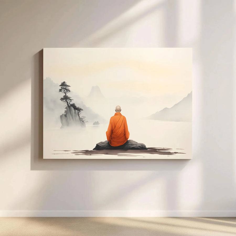 Meditating Monk Canvas Wall Art | Zen Buddhist Landscape Print | Premium Gallery Wrapped Decor | Spiritual Meditation Room Gift for Yoga Lovers