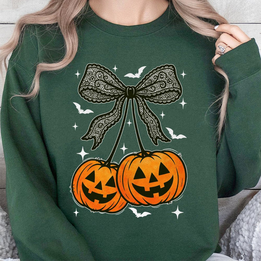 Halloween Pumpkin Cherry Bow Sweatshirt | Gothic Coquette Aesthetic Graphic | Premium Cotton Blend | Spooky Season Gift For Her
