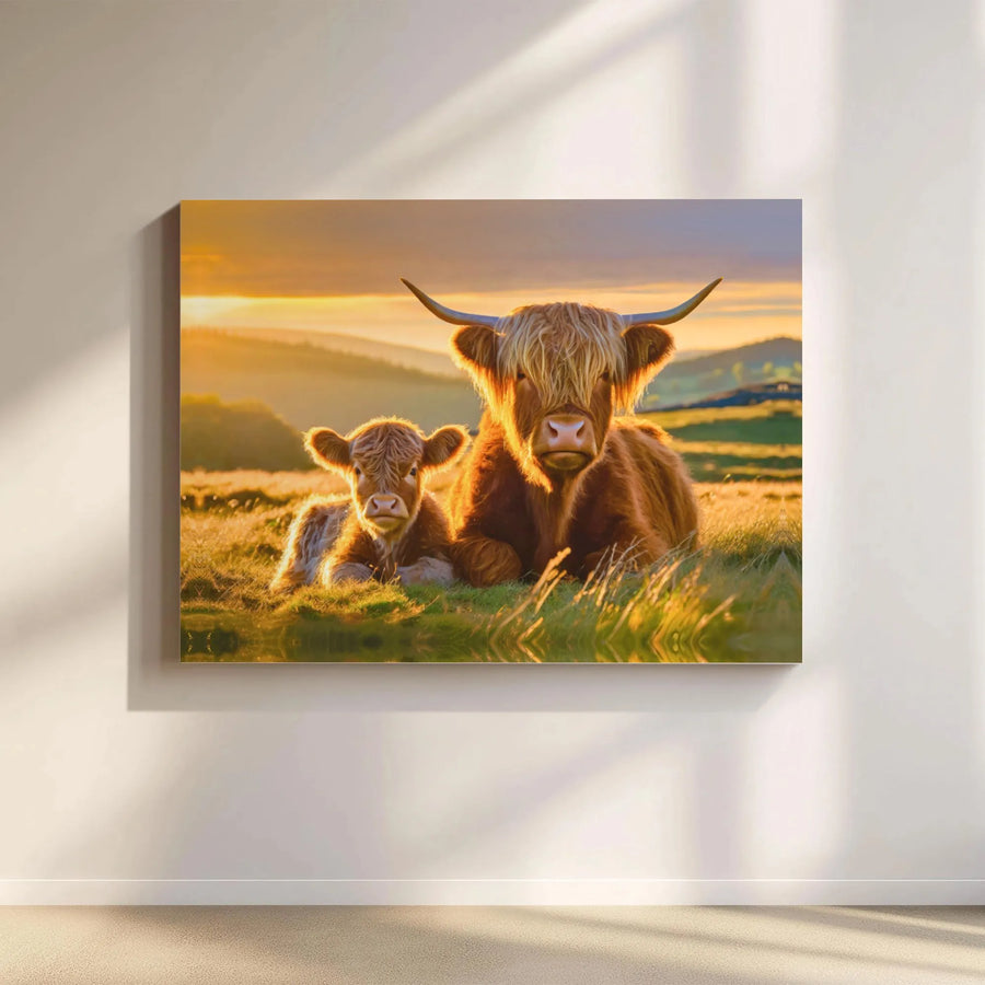 Highland Cow Canvas Print | Mother and Calf Sunset Farmhouse Wall Art | Premium 1.25 Inch Gallery Wrap | Rustic Country Home Decor Gift