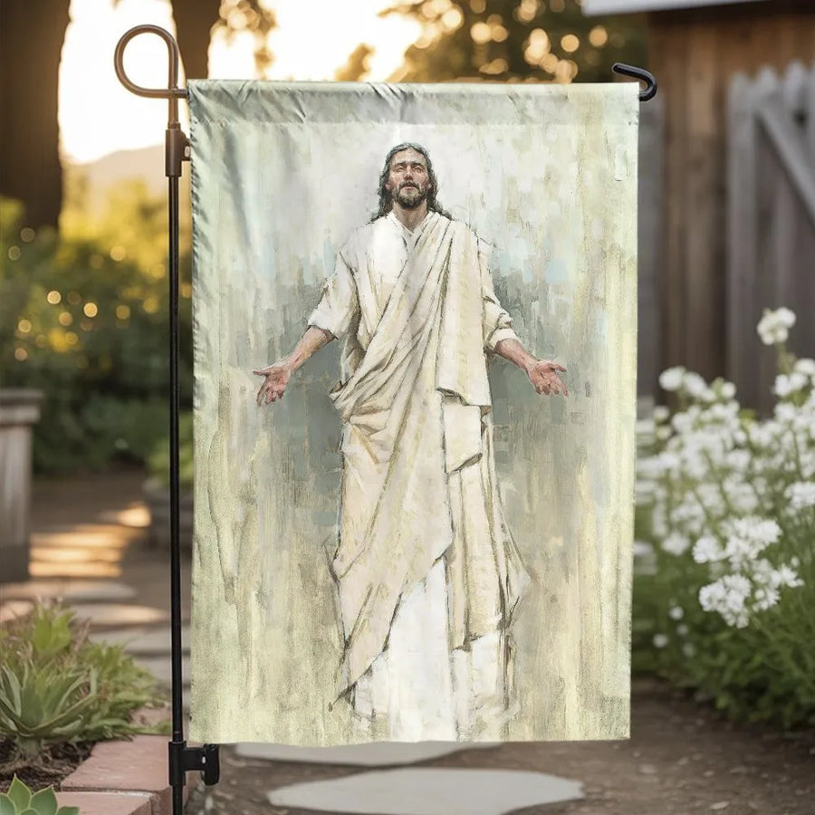 Jesus Garden Flag | Welcoming Christ Portrait | Double Sided Weather-Resistant Fabric | Christian Home Decor Gift for Believers