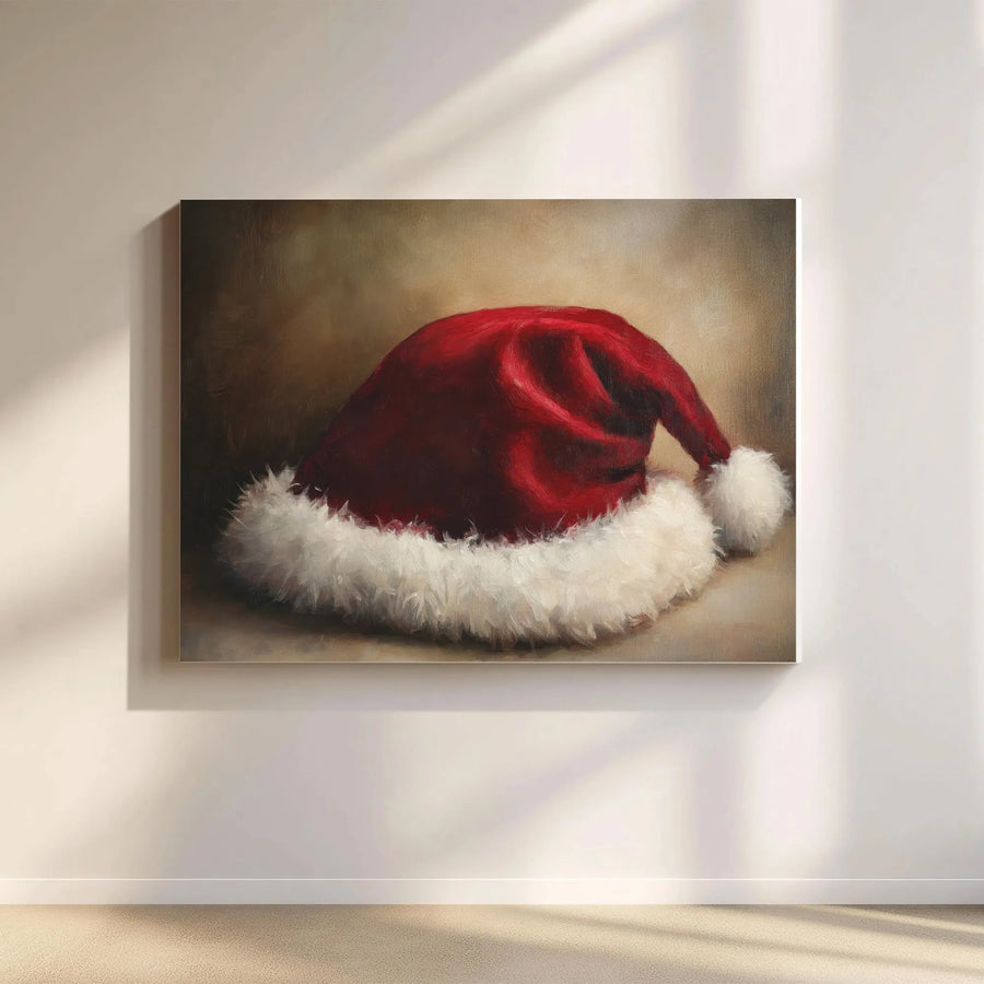 Santa Hat Oil Painting Wall Art | Rustic Vintage Christmas Decor | Premium Gallery Wrap Canvas | Holiday Home Gift For The Festive Season