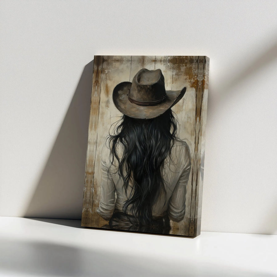 Western Cowgirl Vertical Canvas | Rustic Country Woman in Cowboy Hat Painting | Premium 1.25 Inch Gallery Wrap | Modern Southwest Home Decor Gift