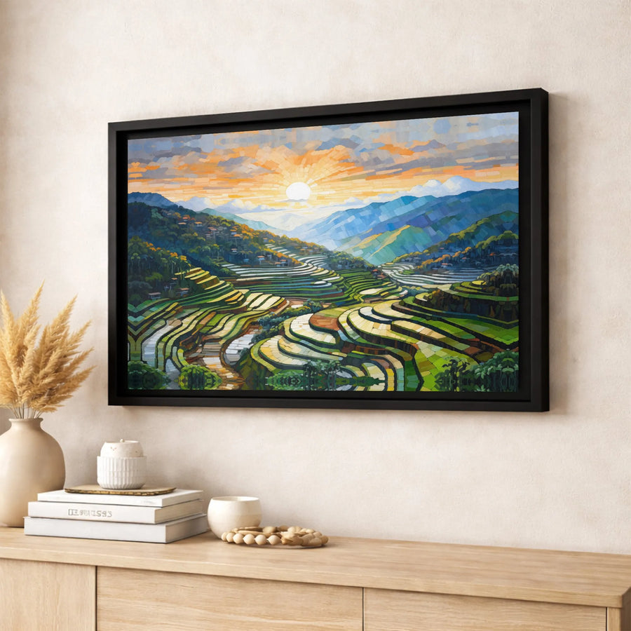 Terraced Rice Fields Canvas Print | Mosaic Landscape Wall Art | Gallery Wrapped Premium Material | Peaceful Sunrise Nature Decor for Home