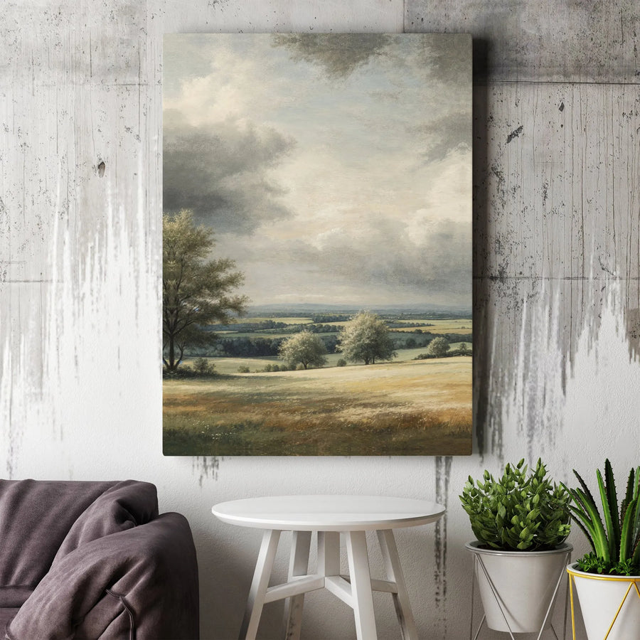 Vintage Countryside Canvas Wall Art | Moody Rolling Hills Oil Painting Print | Premium Canvas Print | Farmhouse Living Room Decor Gift