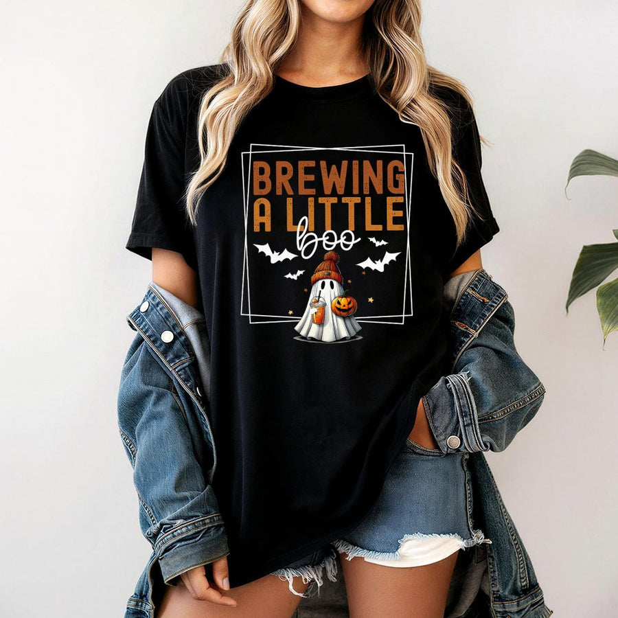 Brewing A Little Boo T-Shirt | Cute Ghost Pumpkin Coffee Design | 100% Cotton Premium Tee | Spooky Halloween Gift for Women