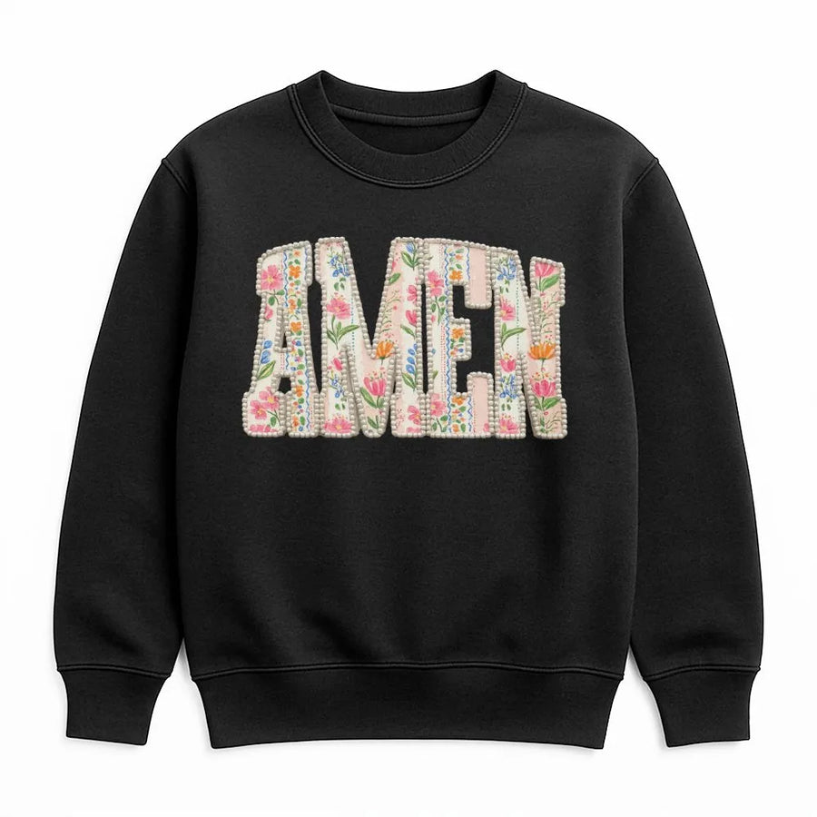 Amen Floral Sweatshirt | Vintage Christian Apparel with Faux Pearl Detail | Soft Cotton Blend Pullover | Inspirational Faith Gift for Women