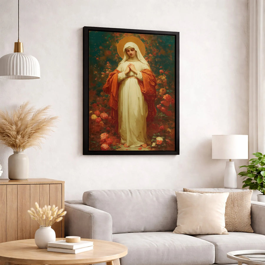 Virgin Mary Wall Art | Sacred Mother in Rose Garden Canvas Print | 1.25-Inch Gallery Wrap | Premium Religious Decor for Home or Church