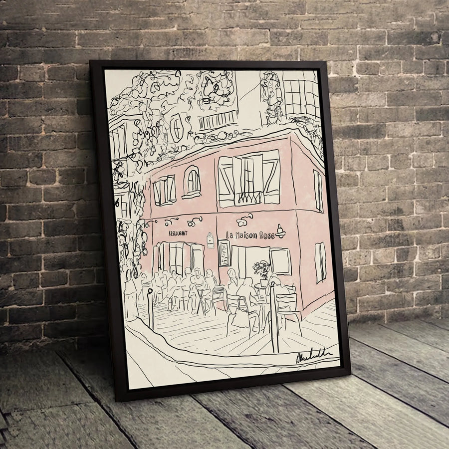 La Maison Rose Paris Canvas Print | Minimalist Montmartre Cafe Line Art | Premium Gallery Wrapped Wall Decor | French Travel Enthusiast Gift
