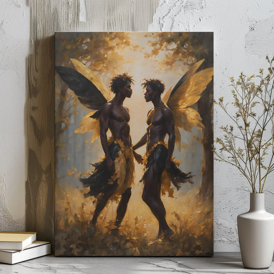 Black Male Fairy Wall Art | Ethereal Fantasy Forest Couple Canvas | Premium Gallery Wrap Print | LGBTQ Pride Home Decor Gift
