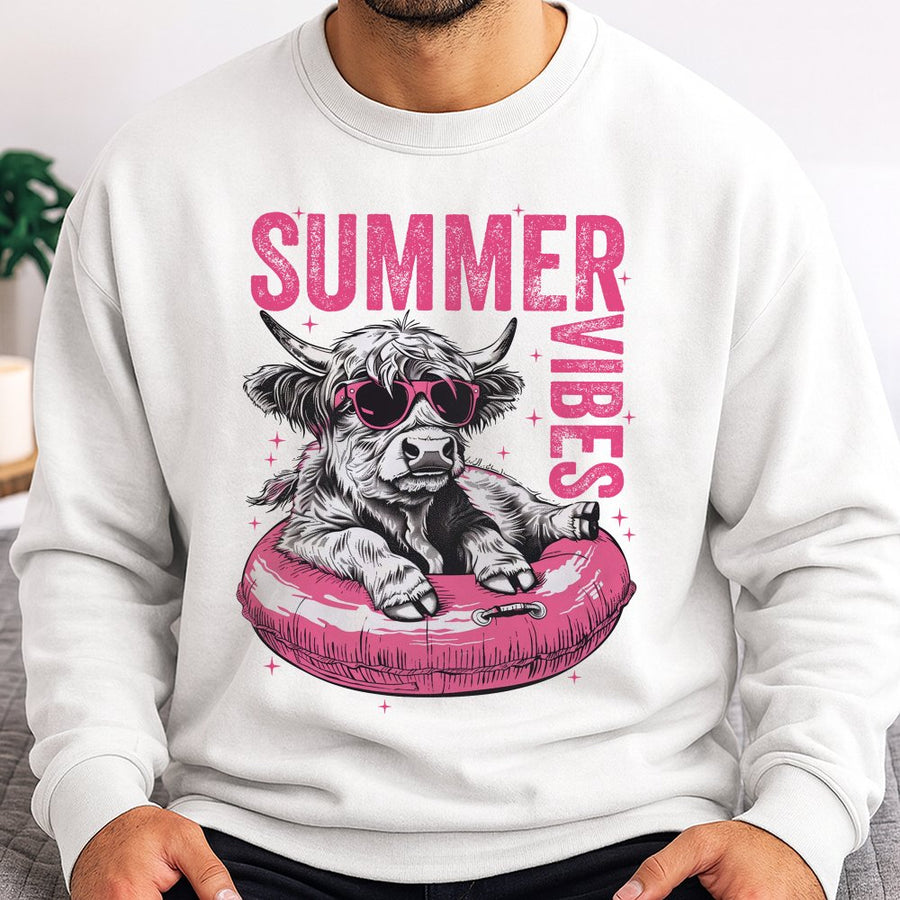 Summer Vibes Highland Cow Sweatshirt | Retro Pool Float Graphic | Premium Cotton Blend | Cute Animal Lover Beach Gift for Women & Men
