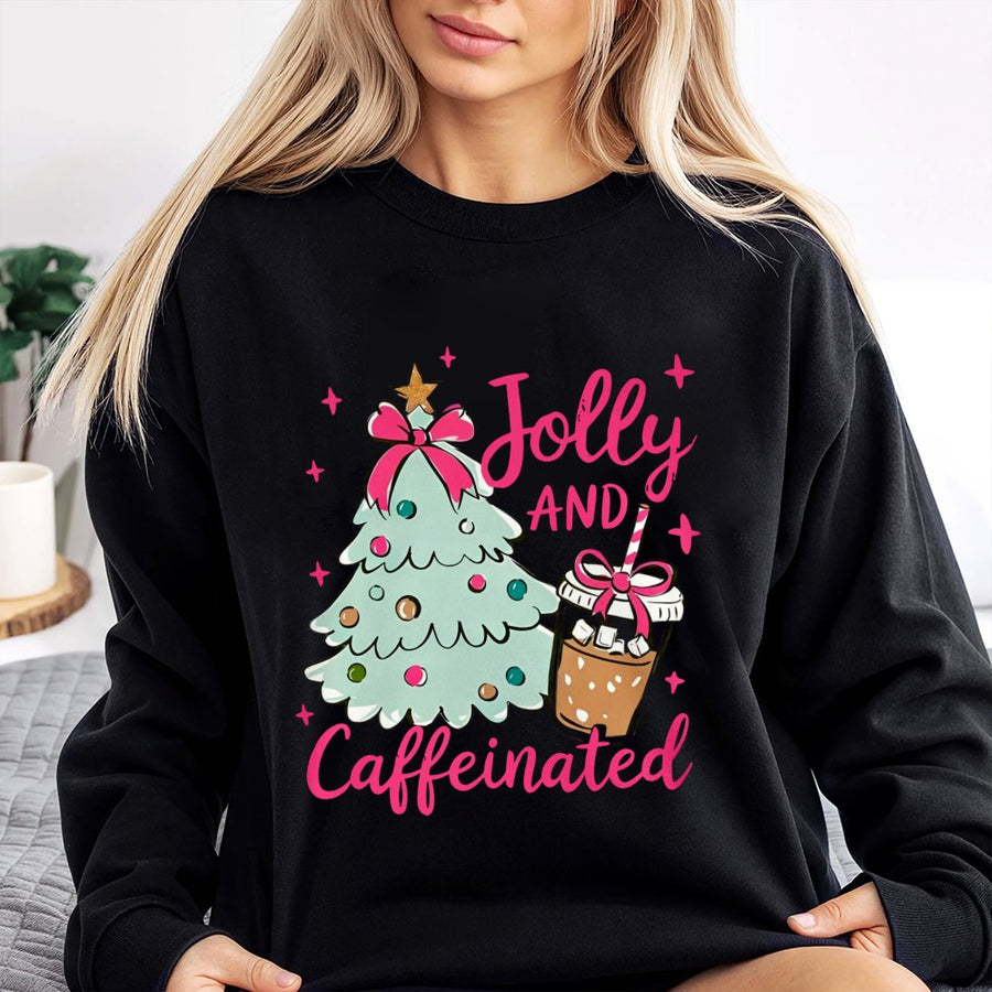 Jolly And Caffeinated Christmas Sweatshirt | Coffee Lover Graphic Tee | Premium Cotton Blend Crewneck | Holiday Gift For Her