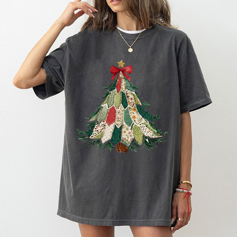 Patchwork Christmas Tree T-Shirt | Rustic Holiday Pattern Graphic Tee | 100% Premium Cotton | Cute Festive Gift for Women & Teens