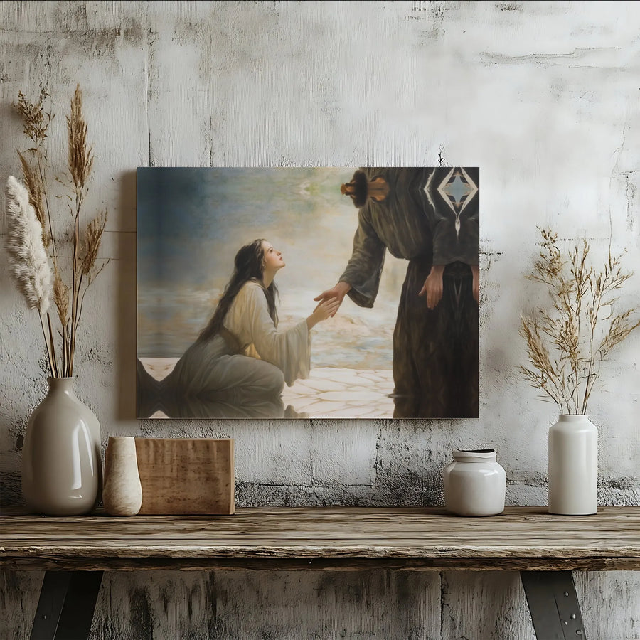 Jesus Reaching Down to Kneeling Woman Canvas | Religious Wall Art Print | Premium 1.25 Inch Gallery Wrap | Christian Home Decor Gift