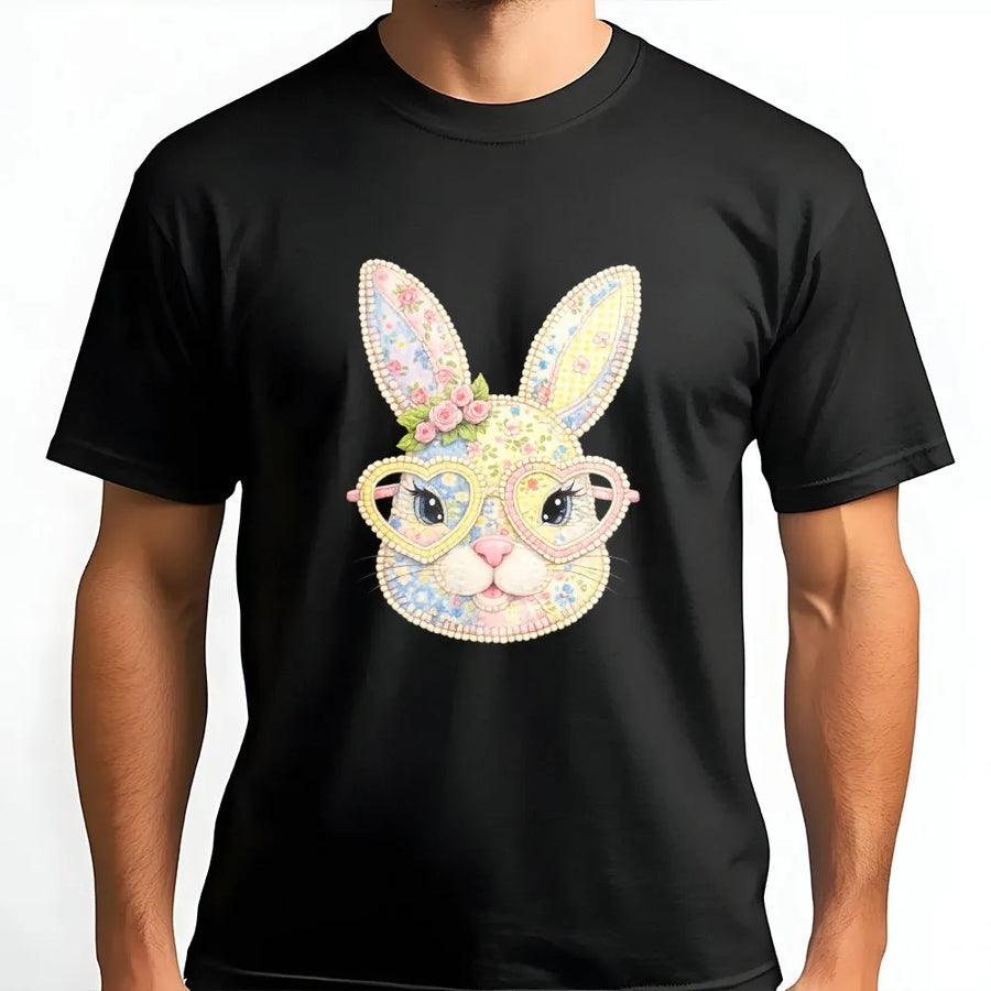 Floral Easter Bunny T-Shirt | Heart Glasses Rabbit Graphic | Soft Cotton Premium Tee | Cute Spring Holiday Gift for Women and Kids