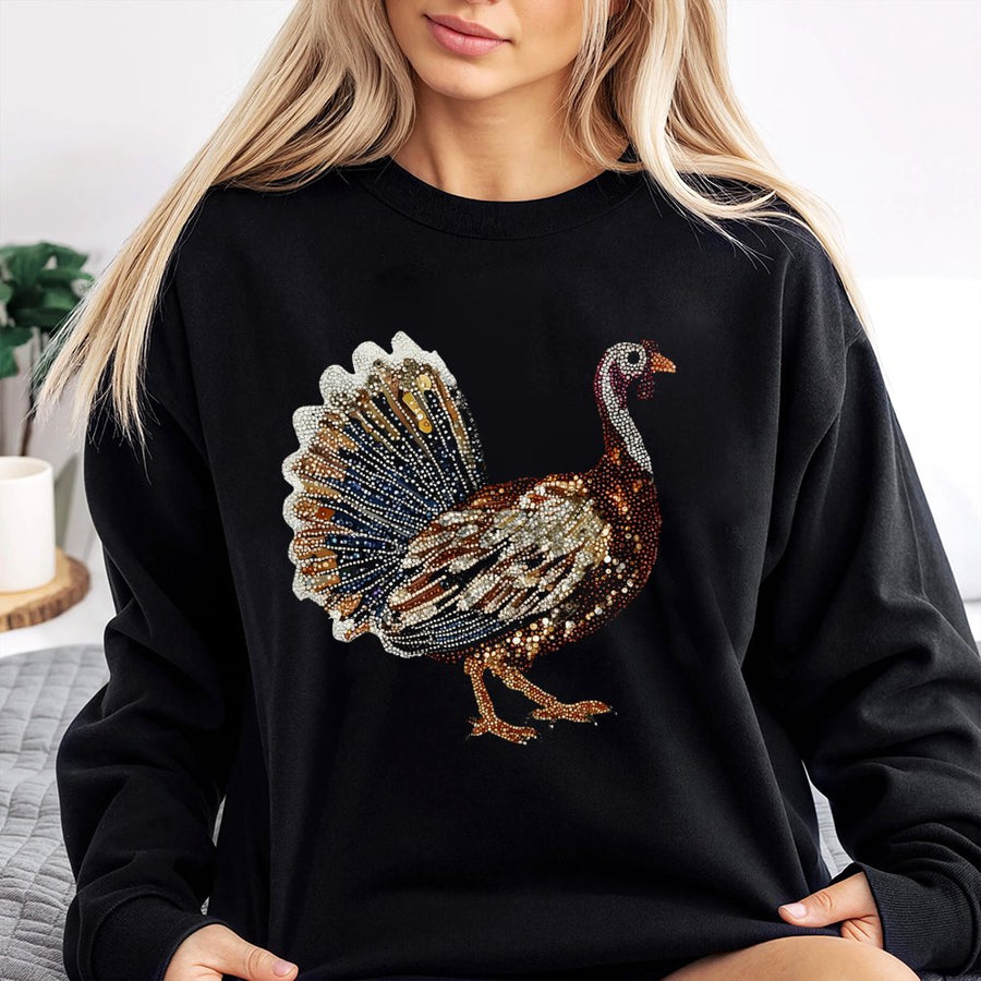 Thanksgiving Turkey Sweatshirt | Faux Rhinestone Graphic Design | Premium Cotton Blend | Festive Fall Apparel Gift for Men and Women
