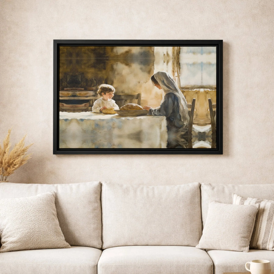 Jesus and Mary Breaking Bread Canvas Print | Religious Christian Wall Art | Premium Fade-Resistant Gallery Wrap | Meaningful Home Decor Gift