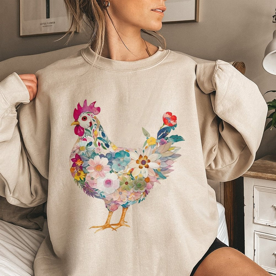 Floral Chicken Sweatshirt | Botanical Hen Graphic Art | Premium Cotton Blend Unisex Crewneck | Cute Farm Animal Gift for Chicken Lovers
