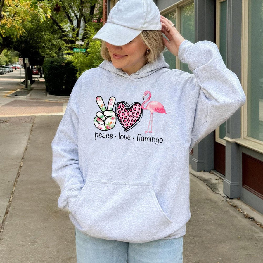 Peace Love Flamingo Hoodie | Tropical Leopard Print Graphic | Premium Cotton Blend | Gift For Flamingo Lovers & Beach Fans