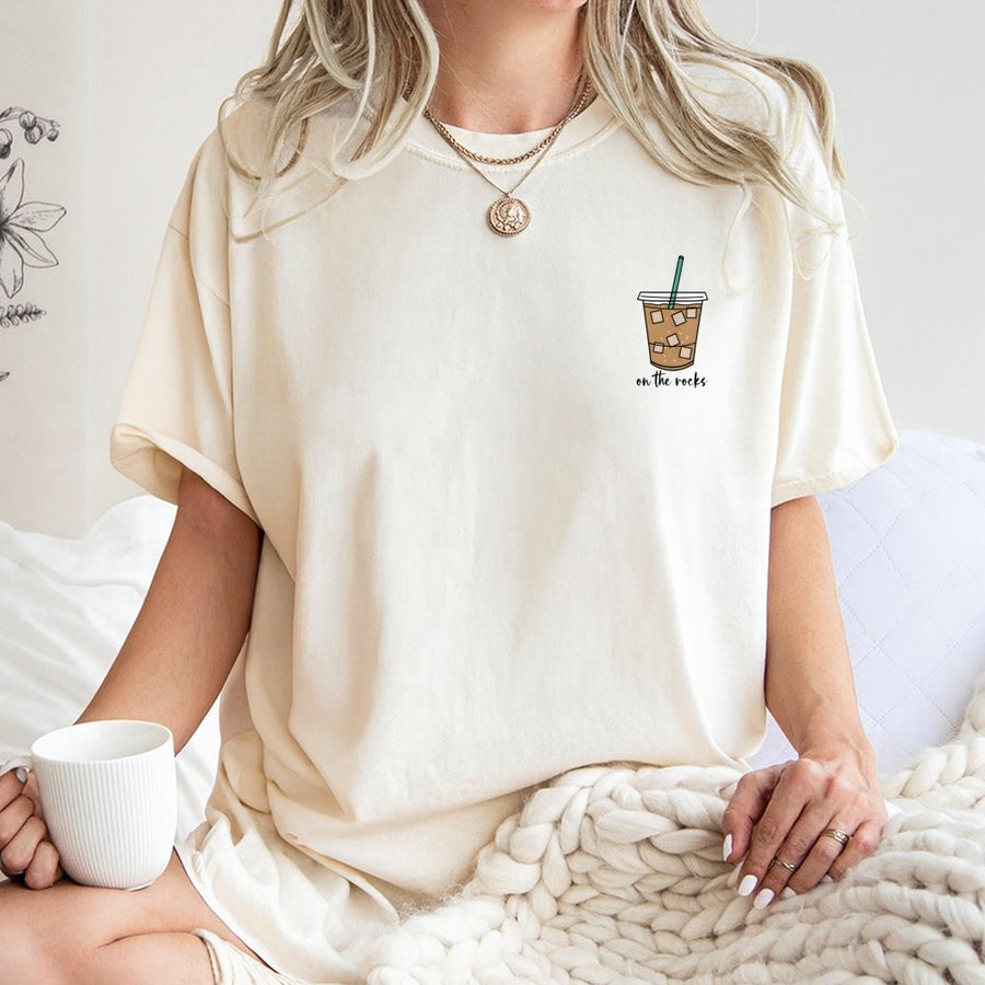 Iced Coffee T-Shirt | On The Rocks Graphic Minimalist Print | Premium Soft Cotton Tee | Cute Coffee Lover Gift for Her