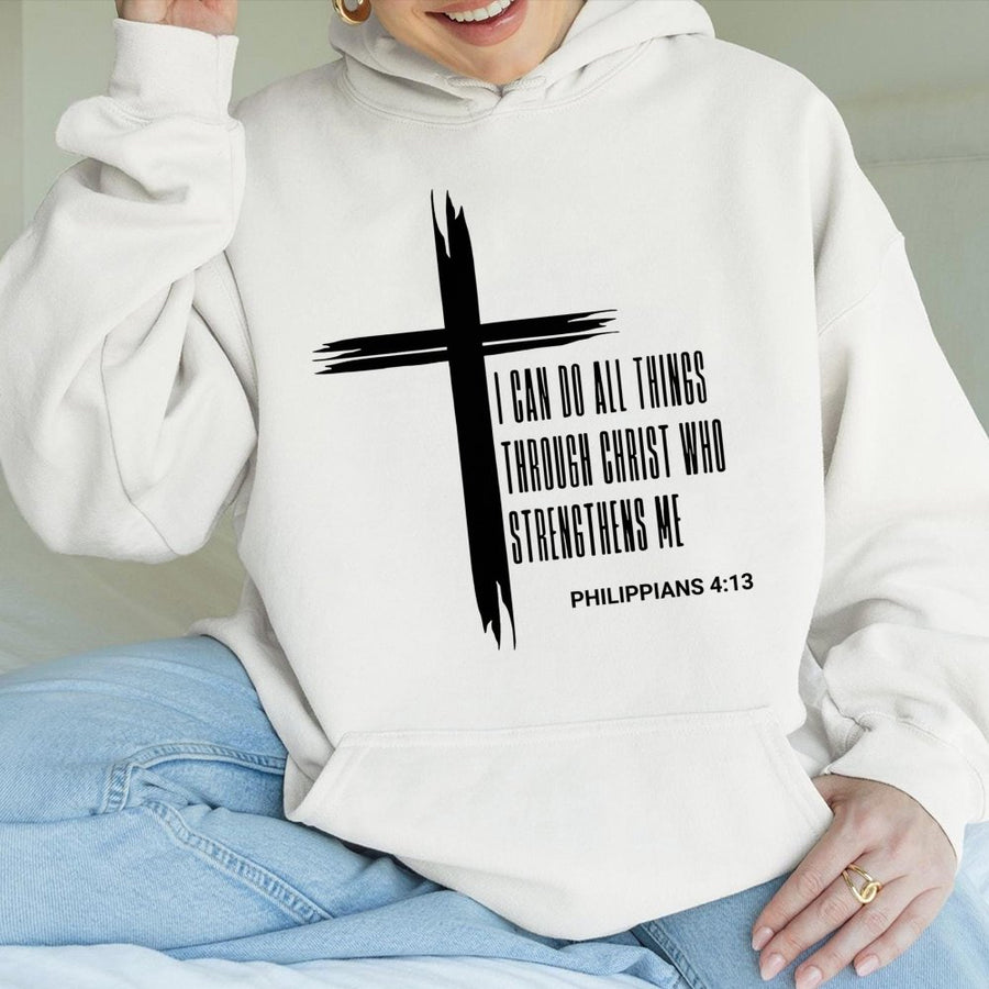 Philippians 4:13 Hoodie | I Can Do All Things Through Christ Cross Design | Premium Cotton-Polyester Blend | Religious Gift for Men and Women