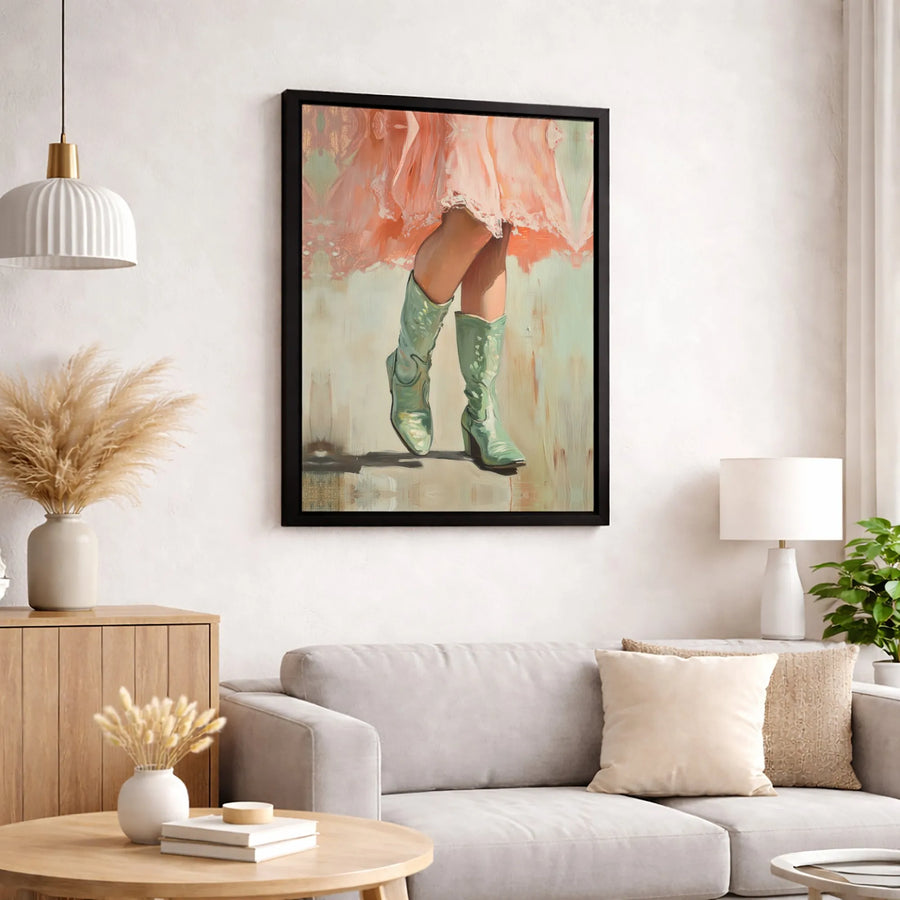 Western Cowboy Boots Canvas Wall Art | Pink Dress Oil Painting Style | Premium Gallery Wrap Decor | Modern Country Chic Home Gift