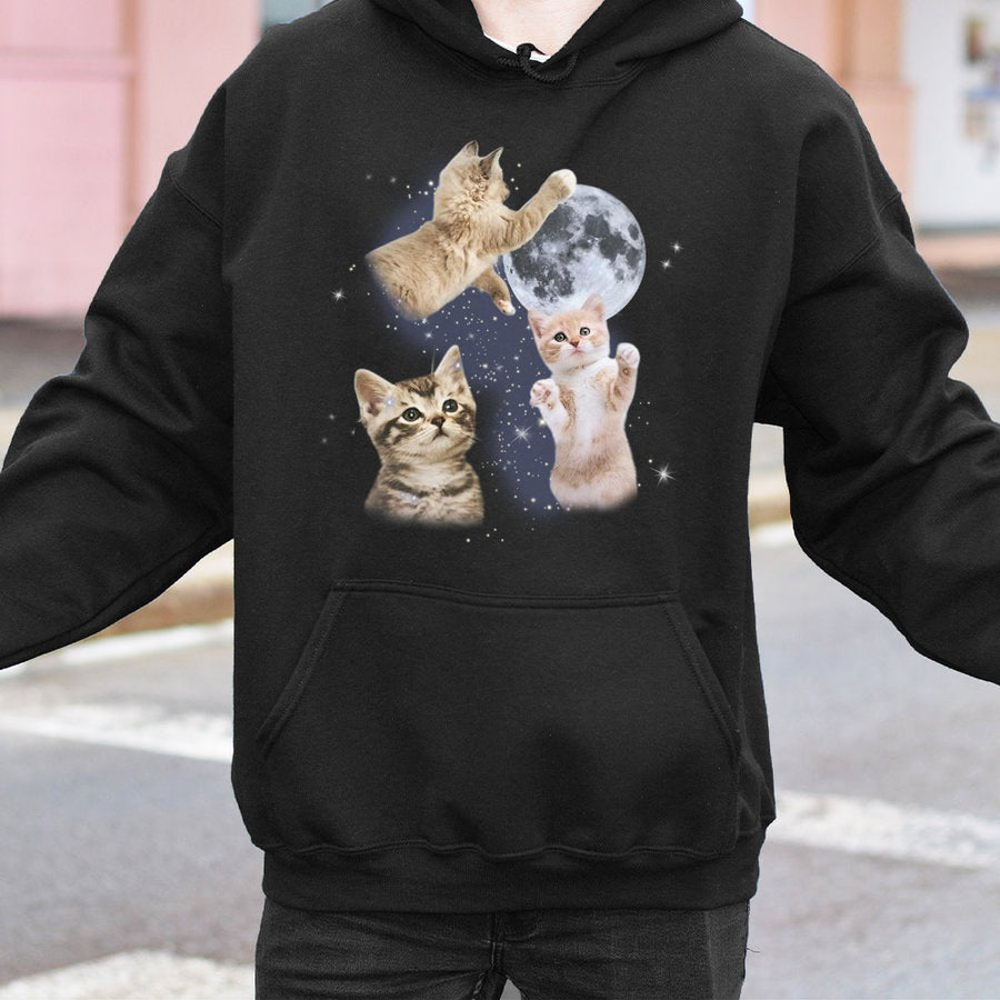 Galaxy Cat Hoodie | Celestial Kittens and Moon Graphic | Premium Cotton-Poly Blend | Cute Animal Lover Gift for Women and Men