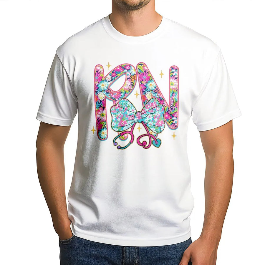 RN Nurse T-Shirt | Floral Stethoscope Bow Graphic Design | Premium Cotton Apparel | Perfect Graduation Gift for Nursing Students and Registered Nurses