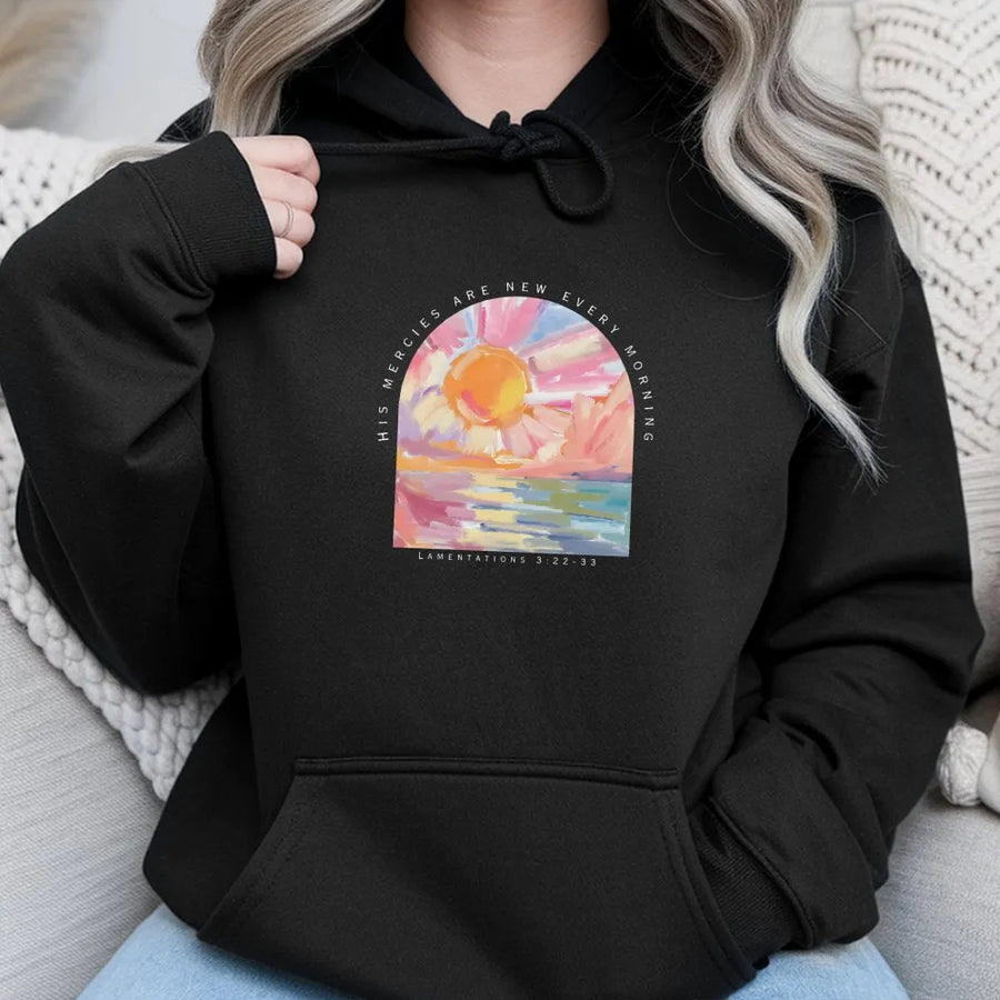 Christian Hoodie | His Mercies Are New Every Morning Bible Verse | Premium Comfort Colors Cotton | Inspirational Faith Gift for Women