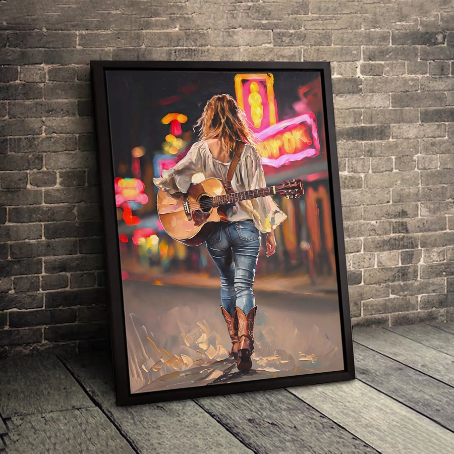 Country Music Wall Art | Cowgirl Guitarist Neon City Canvas | Premium Fade-Resistant Print | Western Home Decor Gift