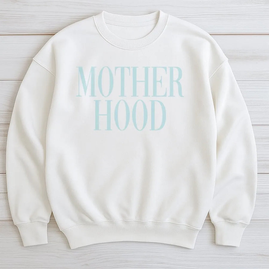 Motherhood Sweatshirt | Minimalist Mom Typography Graphic | Premium Cotton Blend Crewneck | Cute First Time Mom Gift for Birthday or Baby Shower