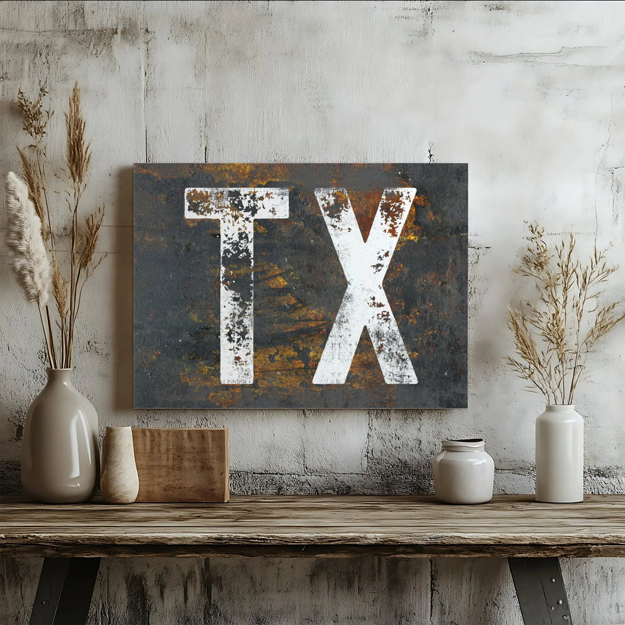 Texas Wall Art | Rustic Metal Texture TX Abbreviation | Gallery Wrapped Canvas Decor | Premium State Pride Gift for Office or Home