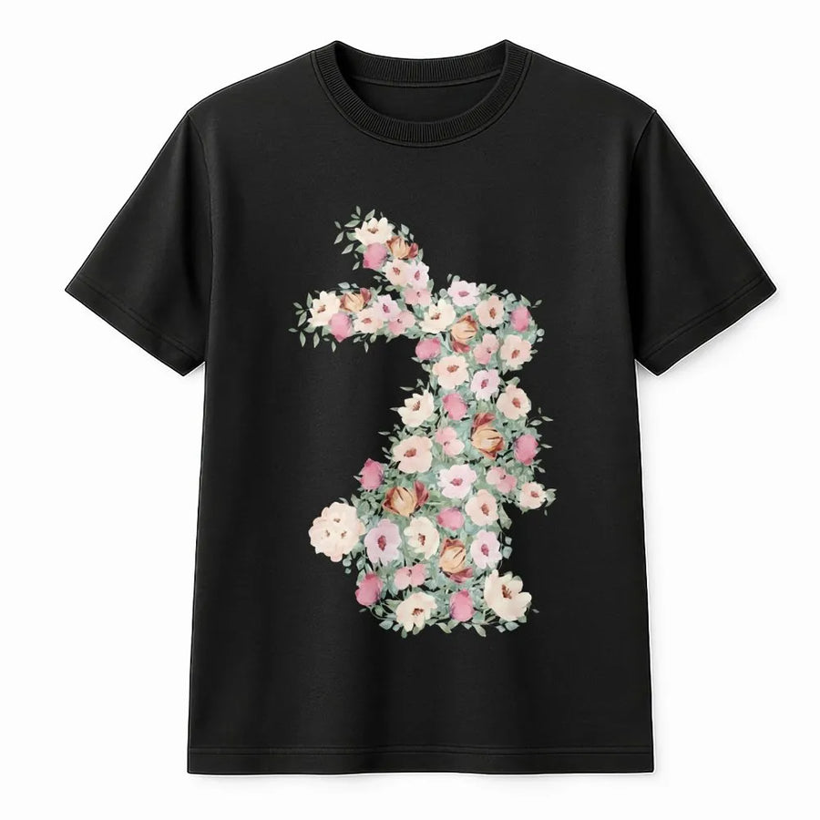 Floral Bunny T-Shirt | Watercolor Flower Rabbit Graphic | Soft Cotton Premium Tee | Easter Spring Gift for Women