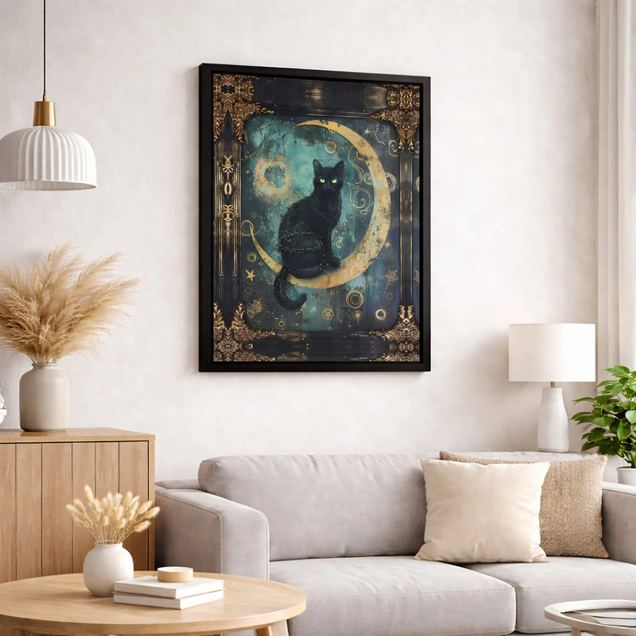 Black Cat Wall Art | Celestial Moon Witchy Decor | Gallery Wrapped Premium Canvas | Mystical Gothic Home Gift for Cat Lovers