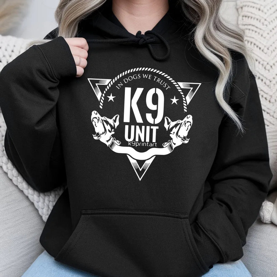 K9 Unit Hoodie | In Dogs We Trust Graphic Design | Premium Cotton-Poly Blend | Tactical Police Dog Gift for Handlers and K9 Lovers