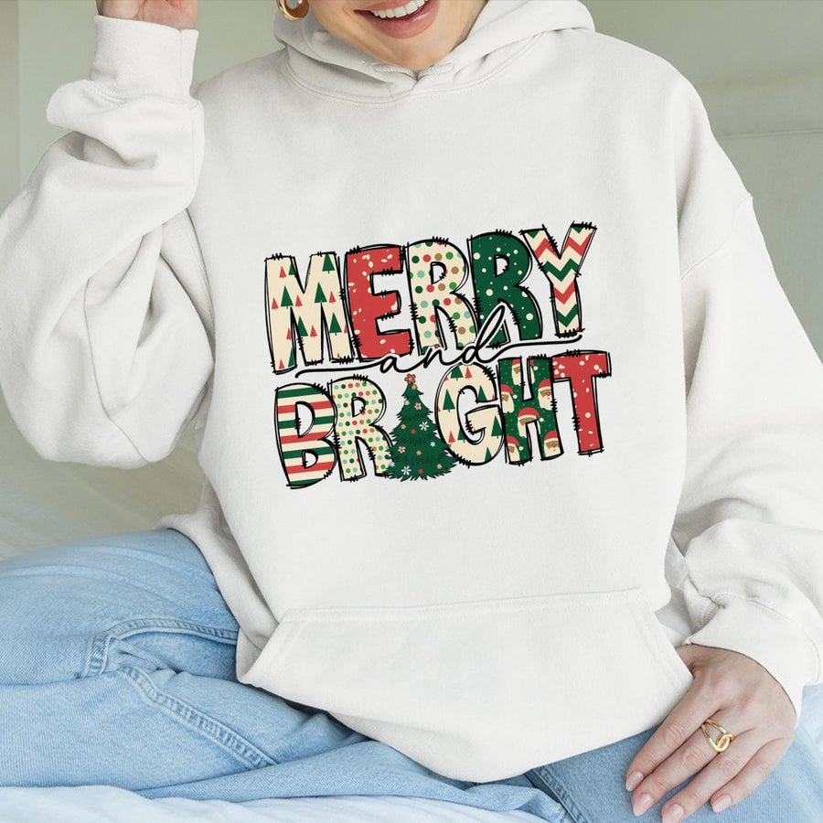Merry And Bright Hoodie | Festive Christmas Holiday Pattern Graphic | Soft Cotton-Polyester Blend | Cozy Unisex Christmas Gift for Women and Men